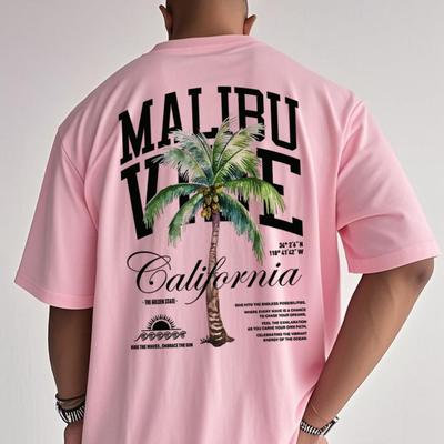 "TEMU Men's "malibu Vibes" Graphic Tee - Casual, Short-sleeve, Round Neck T-shirt With Palm Tree & California Design, Breathable & Moisture-wicking, Beachwear | Relaxed Fit Tee | , Sweat-resistant" Image
