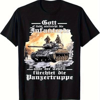 TEMU Mens Tiger Tank Graphic T-shirt - Panther Panzer Infanterie Design, Black Casual Tee With German Text, Comfortable Wear, Machine Washable, Historical Print Tee Panzer Motif Shirt Image