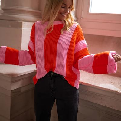 TEMU Women's Striped Crew Neck Sweater - Pink & Orange Color Block, Long Sleeve, Pullover For Fall & Winter, , Sweater | Vibrant Color Block | Constructio Image