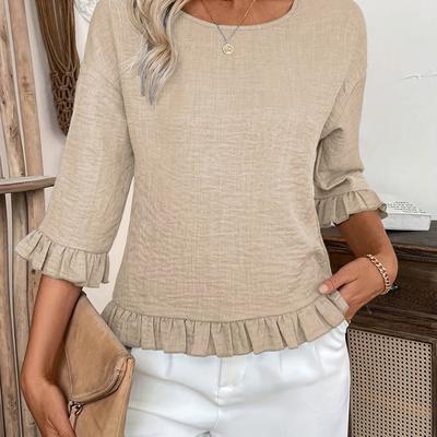 TEMU Women's Elegant Beige Crew Neck Blouse With Ruffle Sleeves And Hem, Lightweight Polyester Summer Top For Casual Or Dressy Outfits, Ladies Blouse Image