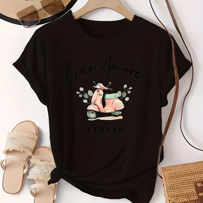 TEMU Italy Vintage Scooter Women's Printed Round Neck Short Sleeve T-shirt Image