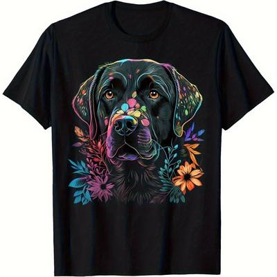 TEMU Vibrant Floral Graphic T-shirt - 100% Cotton Short Sleeve Tee With Colorful Dog & , Regular Fit Casual Shirt For (sizes S-xxxl) - Perfect Christmas Gift For Family & Image