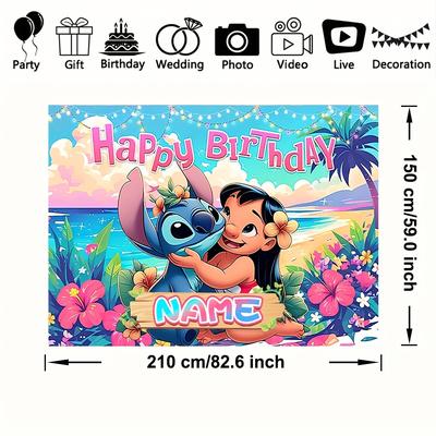 TEMU Customizable Name Stitch Theme Party Birthday Background, Polyester Fabric, No Electricity Required, Suitable For Parties, Birthday Celebrations And Birthday Party Decorations Image