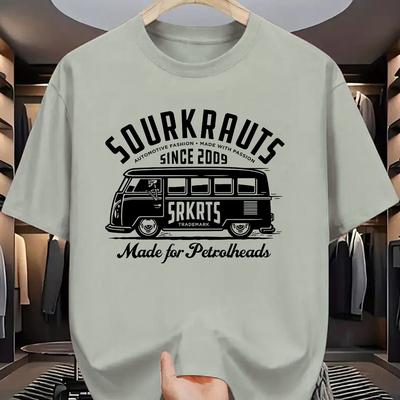 "TEMU Men' T-shirt With Vintage Van & "" Graphic - Casual Crew Neck, Short Sleeve, Lightweight Polyester Blend, Car Enthusiasts, Car T Shirt" Image