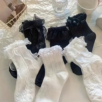 TEMU 6 Pairs Of Elegant Bow & Lace Trim Socks - Chic Black & White Knee-high Women's Stockings With Details, Casual & Formal Attire, Stylish Socks| Sock Design|polyester Blend Image
