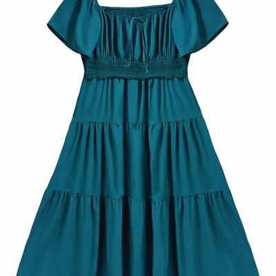 TEMU Elegant Plus Size Teal Maxi Dress With Sweetheart Neckline And Hem - Casual Summer Dress For Women, Machine Washable, Cute Dress, Nontransparent Fabric Image