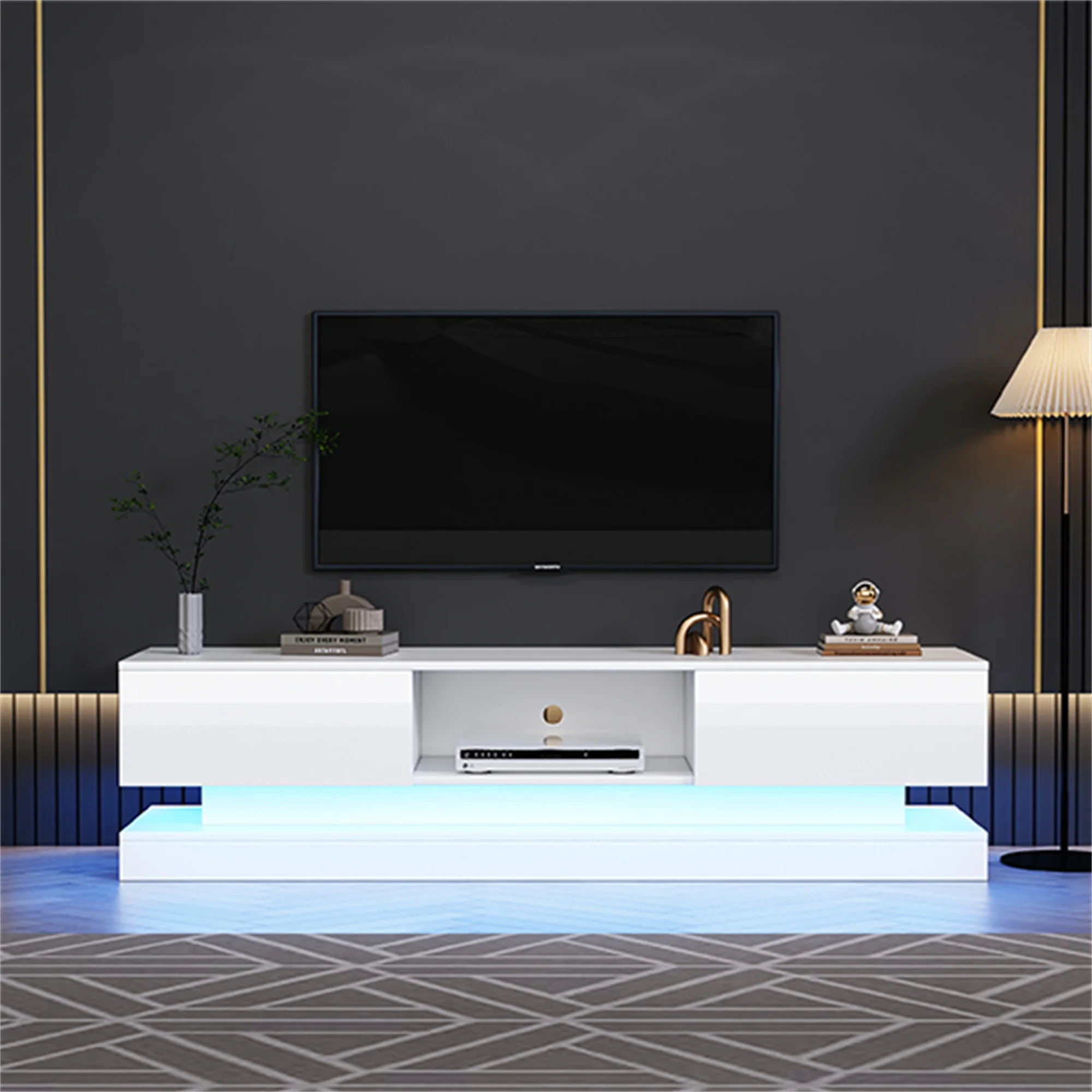 TV-Schrank TV-Lowboard Hochglanz mit 2 Schublade Lange 160cm, Fernsehtisch Wohnzimmerschränke mit LED-Beleuchtung, TV-Möbel für Image