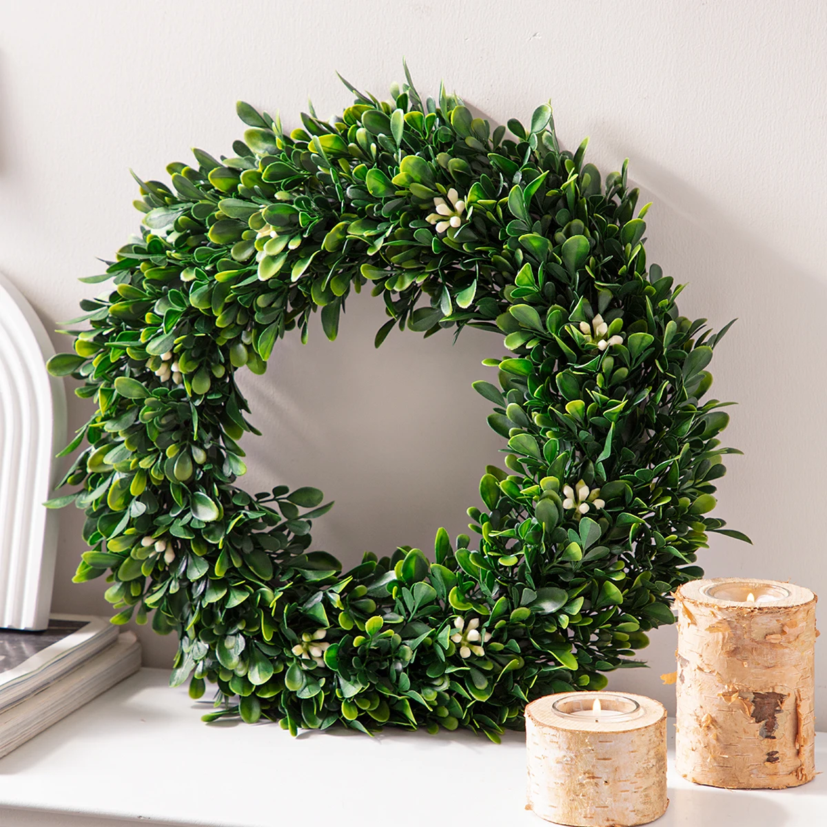 Xiya Blume Kunstblumen Kranz Buchsbaum Ring grün Kunst pflanzen Kranz Kunststoff Material Garten Dekor Image