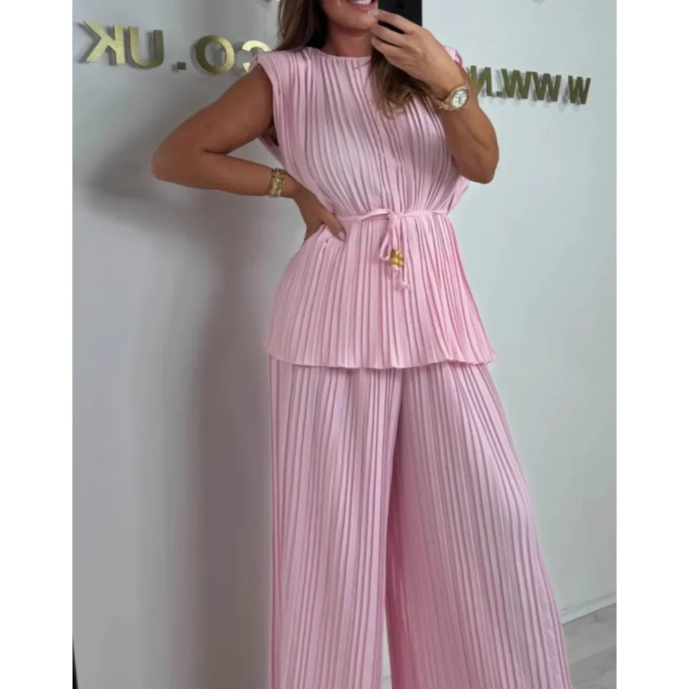 Elegante Mode Plissee Ärmel Breite bein Hosen 2-teiliges Set Frauen Neue Casual Lose Spitze-up Top Hosen büro Anzug Weibliche Image