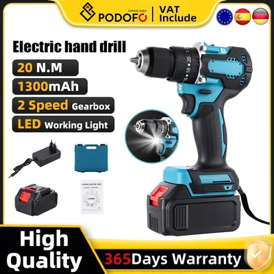 Podofo 21V Cordless Drill Machine Brushless motor Screwing Drills 1350RPM Electric Impact Drill For Makita Battery Power Tool