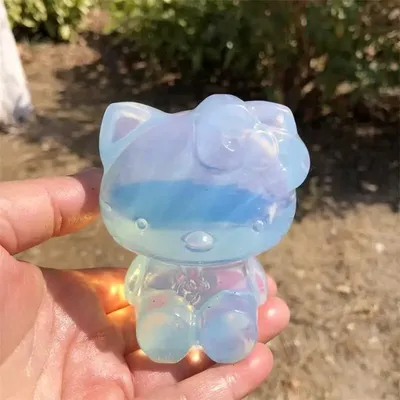 8CM Natural Clear Opal Cartoon Kt Cat Carving Healing Reiki Christmas Gift For Children Or Home Decoration Gift 1PCS