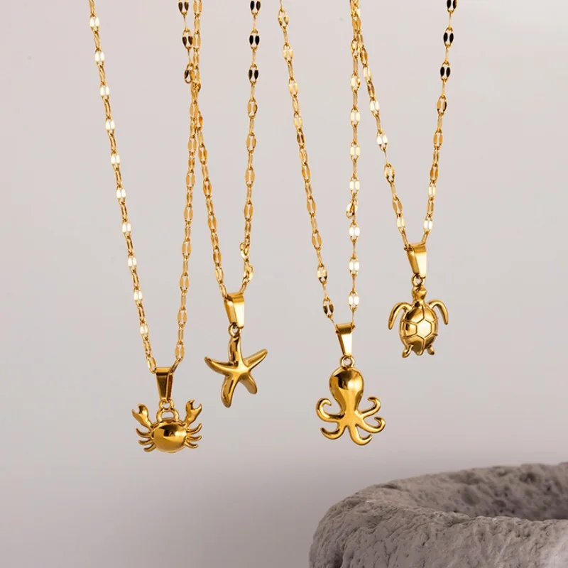 Collana con ciondolo in acciaio inossidabile con stelle marine stile oceano, tartaruga marina, polpo, accessorio per gioielli da spiaggia estiva placcato oro