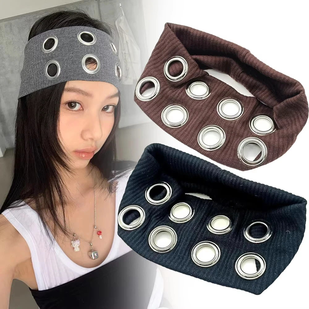 Stirnband mit Metallloch, Punk-Hip-Hop-Stil, modische Kopfbedeckung für Mädchen, elastisches Rock-Y2K-Stirnband Image