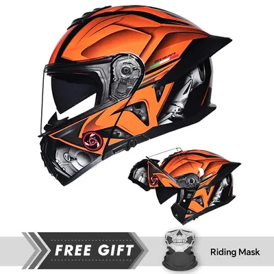 Blue and Orange Motorcycle Helmets DOT Approved Flip Up Moto Helmet Flip Up Full Face Helmet with Dual Lens Modular Helmet