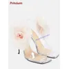 Rosa Blumen transparente PVC-Sandalen Sling back Square Toe dünne High Heels Frauen Schuhe Stiletto Kleid Party Neuankömmlinge Sommer