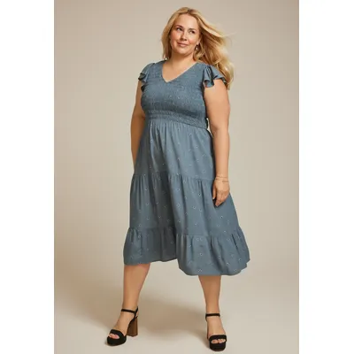Maurices Plus Size Women's Printed Flutter Sleeve Smocked Midi Dress Blue Size 1X