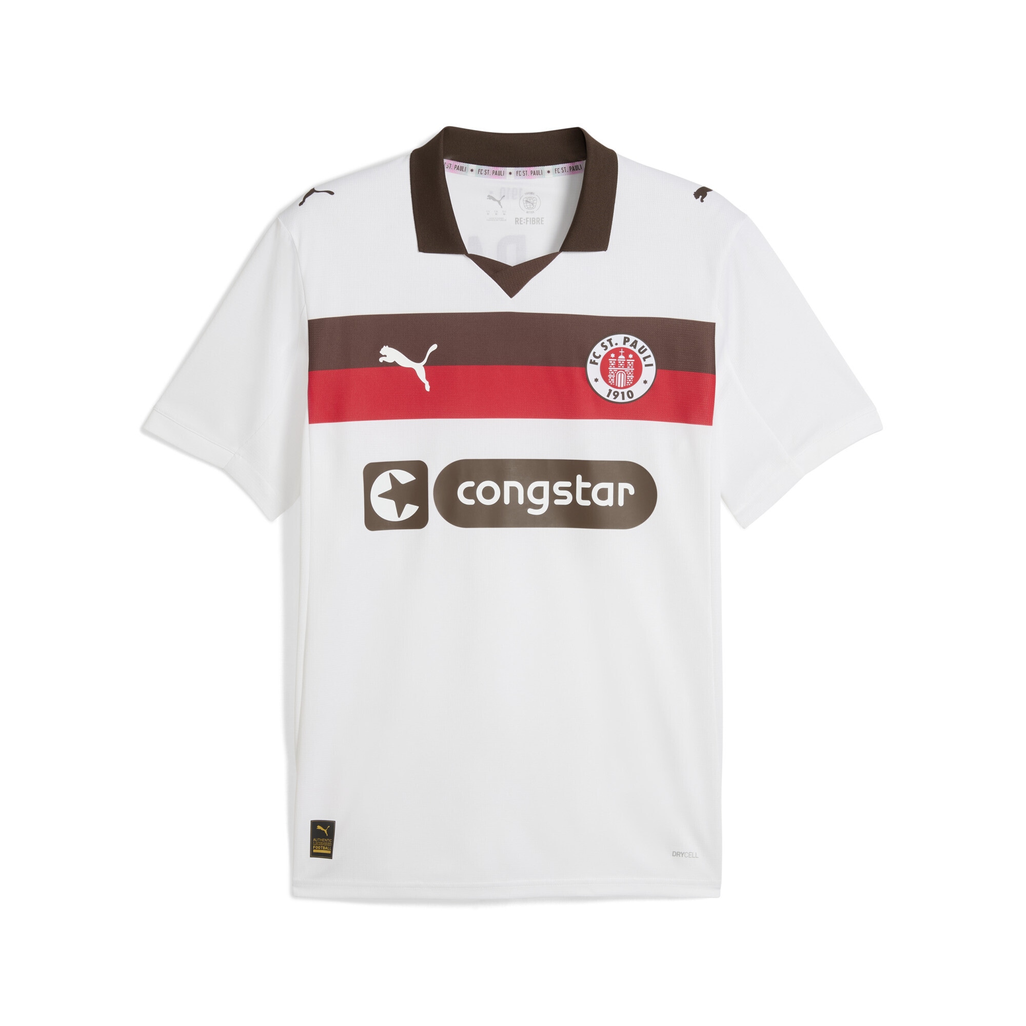Poloshirt PUMA "FC St. Pauli 25/26 Auswärtstrikot Herren", Herren, Gr. S, weiß (weiß espresso braun), Obermaterial: 100% Polyester; Kragen: 3% Elasthan, 97% Polyester; Rippe: 100% Polyester; Einsatz: 100% Polyester, gestreift, regular fit, Shirts Image