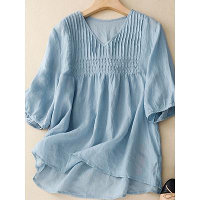 Women's Cotton Linen Shirts Solid Color Basic Casual Half Sleeve V Neck Regular Tops Daily White Pink Blue Purple Summer