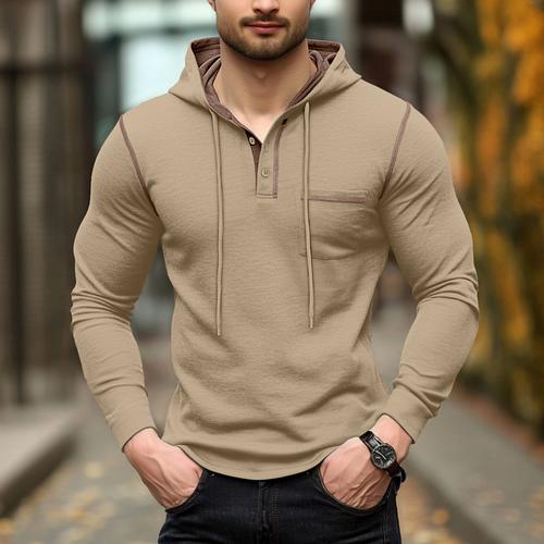 Men's T Shirt Henley Hoodie Long Sleeve Hooded Henley Spring Fall Solid Color Knitwear Daily Outdoor Pocket Outdoor Causal Casual Dark Grey Navy Black Top Tee for Men