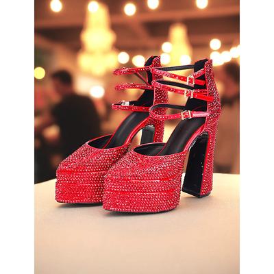 Women's Red Rhinestone Embellished Platform Heels with Strappy Buckle Detail for Nightlife and Party Events