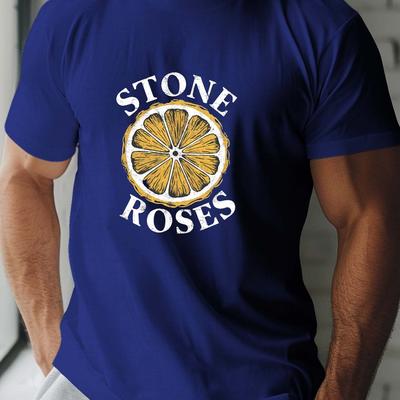 TEMU Stone Roses Lemon Illustration Print Tee Shirt, Tees For Men, Casual Short Sleeve T-shirt For Summer Image