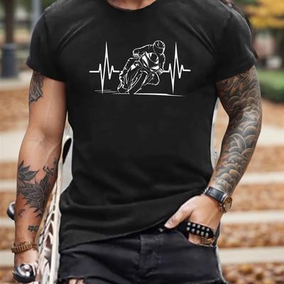 TEMU Men's Motorcycle Rider Heartbeat Graphic Print T-shirt - 100% Cotton Regular Neck Short Sleeve Tee, 190gsm Stretch Casual Top For Spring/summer - Black, Summer Clothing, Shirt Image