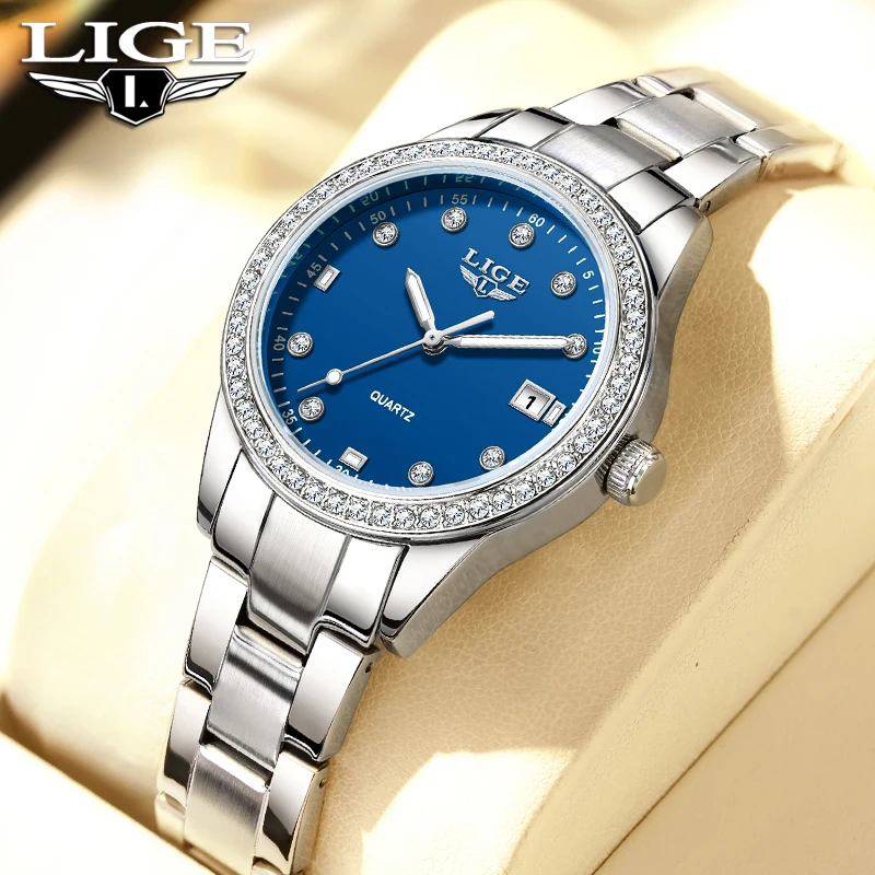 LIGE 2025, Diamant-Damenuhr, modisch, elegant, Quarz-Armbanduhr, wasserdichte Stahlarmbanduhr für Damen, Geschenke, Reloj Mujer Image