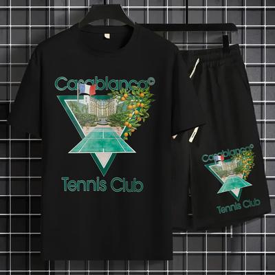 "TEMU Men's & Women's Summer Casual Sportswear Set - -shirt With Tennis Court Graphic, Black Shorts With """" Print, Lightweight Polyester, Tennis & Leisure Activities, Tennis Accessories"