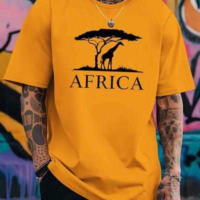 TEMU African Life Men's Short Sleeve T-shirt - Africa Graphic Print With Wildlife & Lettering, Breathable Round Neck Casual Top For Summer Beach Resorts & Outdoor Activities, Wildlife Print Tee, Shirt Image