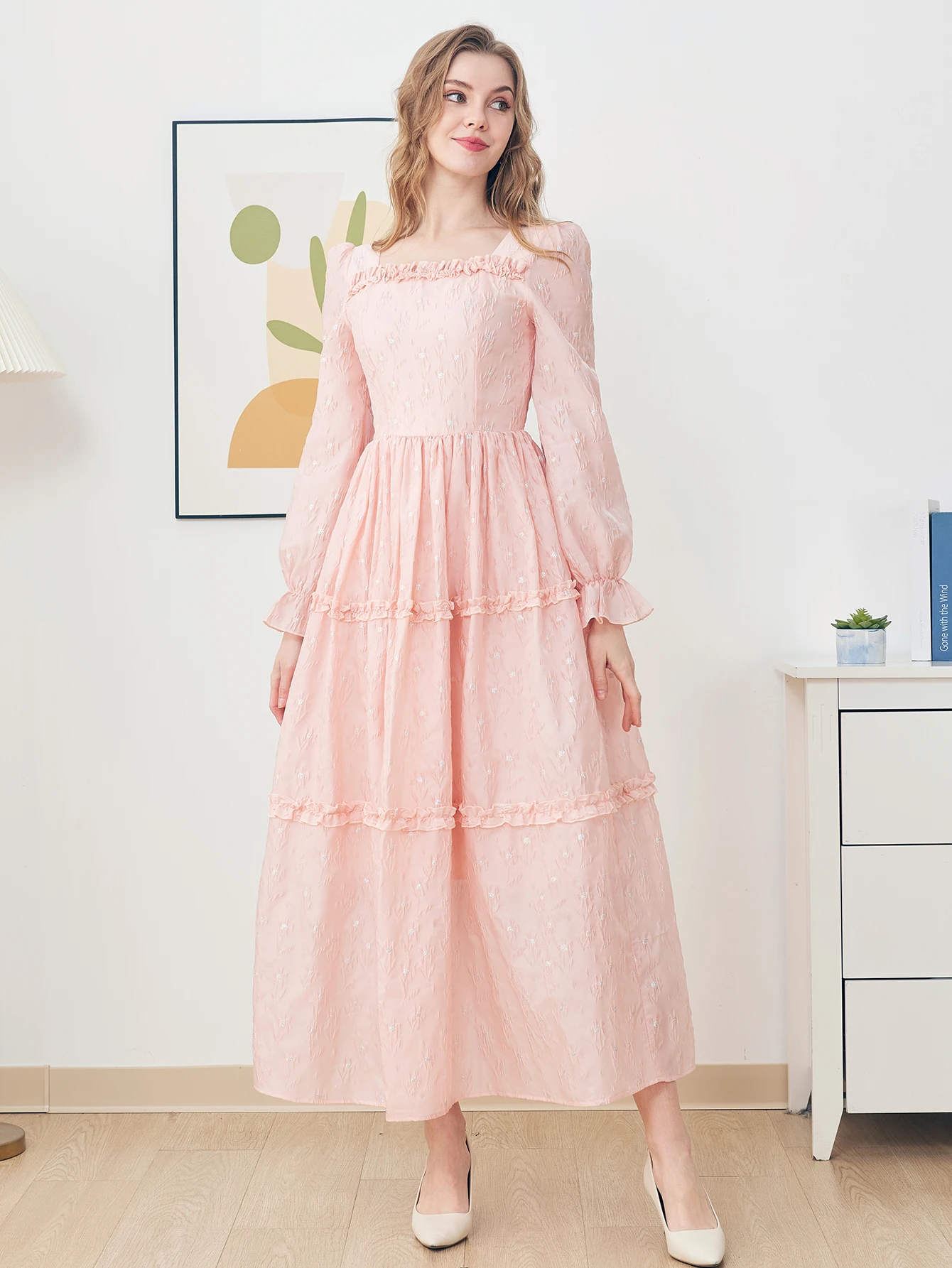 DEVCHATA Elegante Frauen Jacquard Mode Lange Maxi Kleid Rosa Floral Casual Urlaub Weibliche Outfit Dame Abend Party Kleider