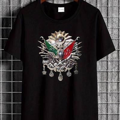 TEMU New Ottoman Empire Coat Of Graphic T-shirt - 100% Cotton Unisex Casual Streetwear Top With Vibrant Emblem Print, Breathable Regular Fit For Casual Attire Image