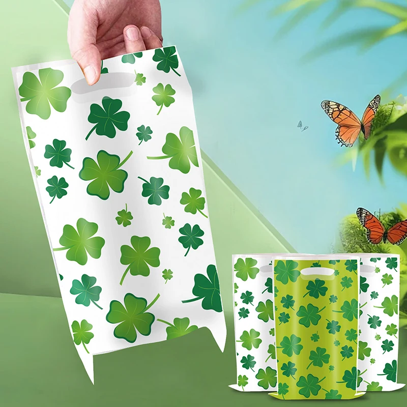 10 Stück St. Patrick's Day Glücksklee-Snack-Geschenktüten 2025 Geburtstagsparty DIY Einweg-Plastik-Dekorations-Tragetaschen Image