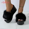 Aphixta Plattform Echt Kaninchen Fell Hausschuhe Frauen Schwarz Keil Rutschen 9CM High Heels Frauen Schuhe Keil Hausschuhe Retro Rutschen schuhe