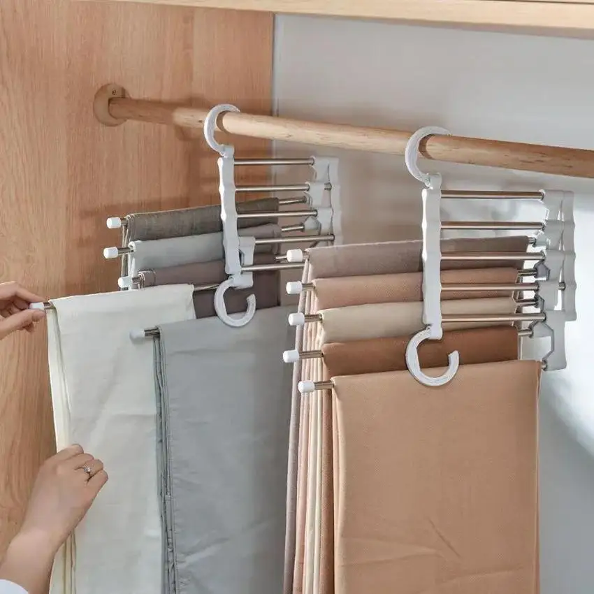 1 Stück 5-in-1 magische Hosenständer-Kleiderbügel aus Edelstahl, zusammenklappbar, Hosenständer, Krawattenhalter, Regale, Schlafzimmer, Schrank, Organizer, Aufbewahrung