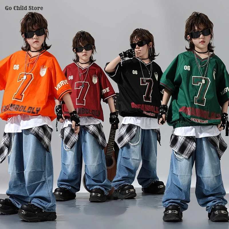 Hip Hop Jungen Bunte T-shirt Lose Denim Hosen Mädchen Street Dance K-pop Jeans Kostüm Kinder Streetwear Kinder Jazz kleidung Set