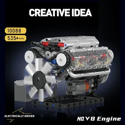 V8-Zylinder-Motorwaage 10088 Modell MOC-Bausteinsatz, 10171 mit Batteriekasten + L-Motor, elektrisch antriebene Ziegelspielzeuge Image