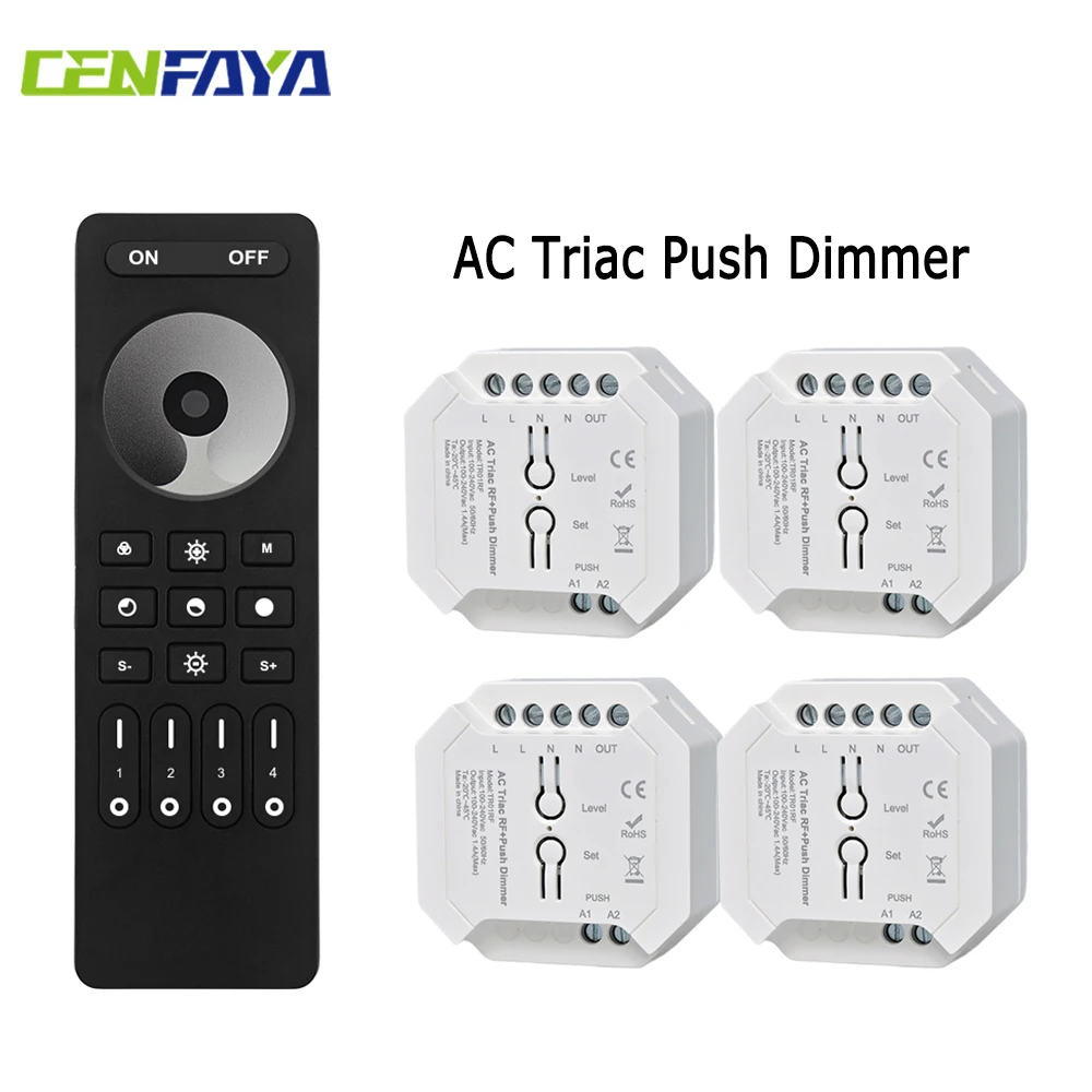 4-Zonen-AC-Triac-LED-Dimmer-Controller, 110 V, 220 V, 230 V, Druckschalter, 2,4 G RF-Dimm-Fernbedienung für einfarbige Halogenlampe