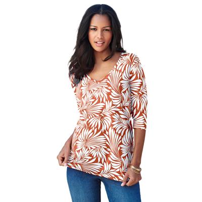 Plus Size Women's Ultimate Long Sleeve V Neck Tee by Roaman's in Copper Ivory Leaf (Size 14/16) Long Shirt