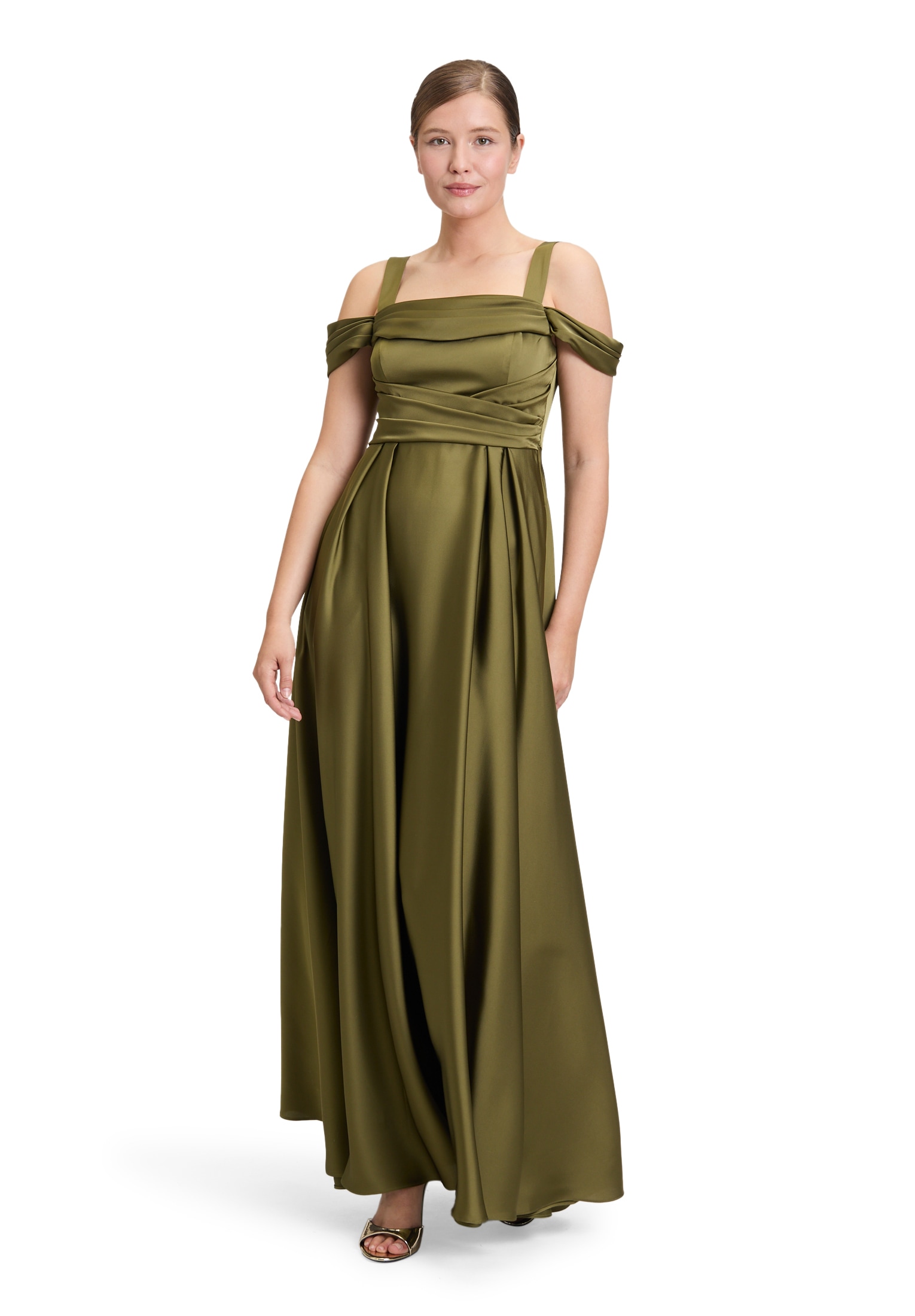 Abendkleid VERA MONT "Damen schulterfrei", Damen, Gr. 44, Normalgrößen, lila (shiny olive), Obermaterial: 100% Polyester; Futter: 100% Polyester, ausgestellt lang, Wasserfallausschnitt, Kleider Abendkleid