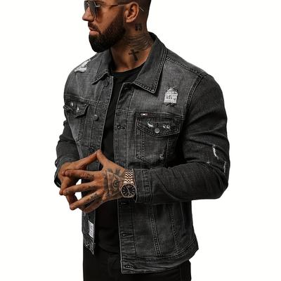 TEMU Men's Retro Denim Biker Jacket | Spring And Autumn Thin Denim Jacket Versatile For All Image
