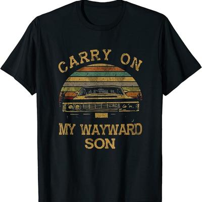 "TEMU [travel] Vintage "carry On My Wayward Son" T-shirt- Made In Usa, Regular-fit, Cotton, Casual Crew Neck, Supernatural Themed Graphic Tee For Men" Image