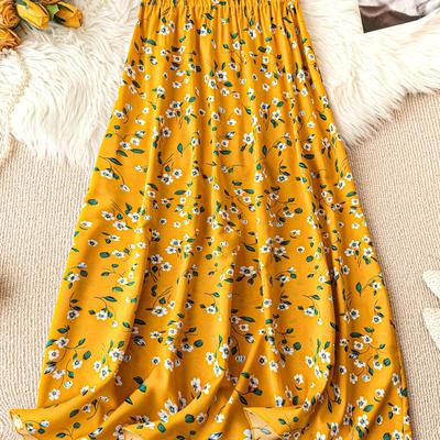 TEMU Elegant High-waist Floral Midi Skirt For Women - Yellow With White Flowers & Green Leaves, Edge, Spring/summer, Machine Washable, Cute Skirts, Spring Fashion, Nontransparent Fabric Image
