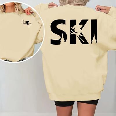 TEMU Women's Après Ski Letter Print Crew Neck Sweatshirt - Winter Pullover With Back Ski Graphic, Machine Washable Fall & Winter Clothing, Winter Clothes, Sports Attire, Lettering, Image
