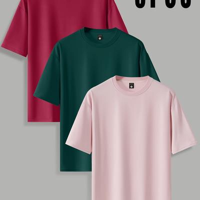 TEMU Men's Trendy Loose Neck T-shirt High-quality Solid Color Short Sleeve Tee - Breathable Casual Comfortable Versatile Sports Summer 3pcs Set, Unisex , Perfect As A Surprise Gift Image