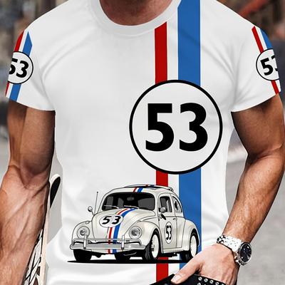 "TEMU Men's 53" Retro Car & Letter Print Short Sleeve T-shirt - Breathable Regular Fit Casual Streetwear For Gym, Jogging & Casual Attire, Jogging Top, Classic ," Image