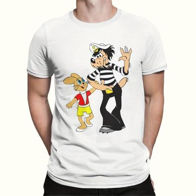 TEMU Cartoon Funny Wolf & Rabbit Graphic T-shirt For - White Vintage-inspired Streetwear Crew Neck Tee, Regular Fit Casual Top, Machine Washable Apparel Image