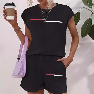 TEMU [029 Sleeveless Suit] Ladies Summer Casual Fashion Pattern Printing, Women's Round Neck Sleeveless Top + Shorts Suit Two-piece Suit Image