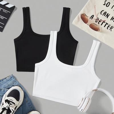 TEMU 2pcs Women's Polyester Camisoles, Casual Solid Color Knit Fabric Tank Tops, Sleeveless V-neck Sports Yoga Base Layer Shirts For All Image