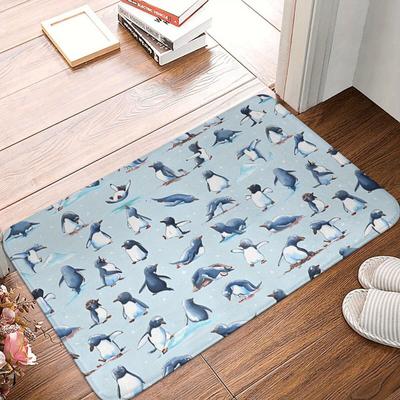 TEMU Penguin Print Polyester Doormat - Lightweight, Non-slip Backing, Machine Washable, Rectangular Kitchen/balcony/home Decor Rug Image