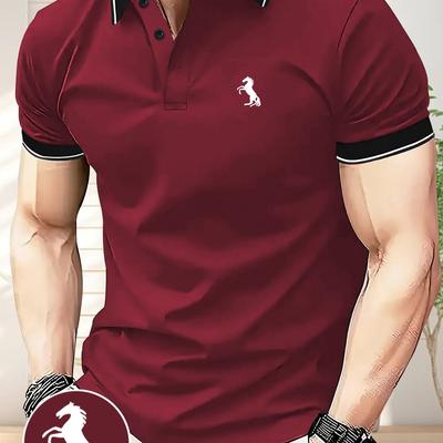 TEMU Men's Casual Sporty Shirt With White Horse Print - Navy Blue, Short Sleeve, Round Neck, Button-up, Stretchy Fabric, Stylish Accessory Watch, Casual Attire|stylish Casualwear|stretchy Fabric Image
